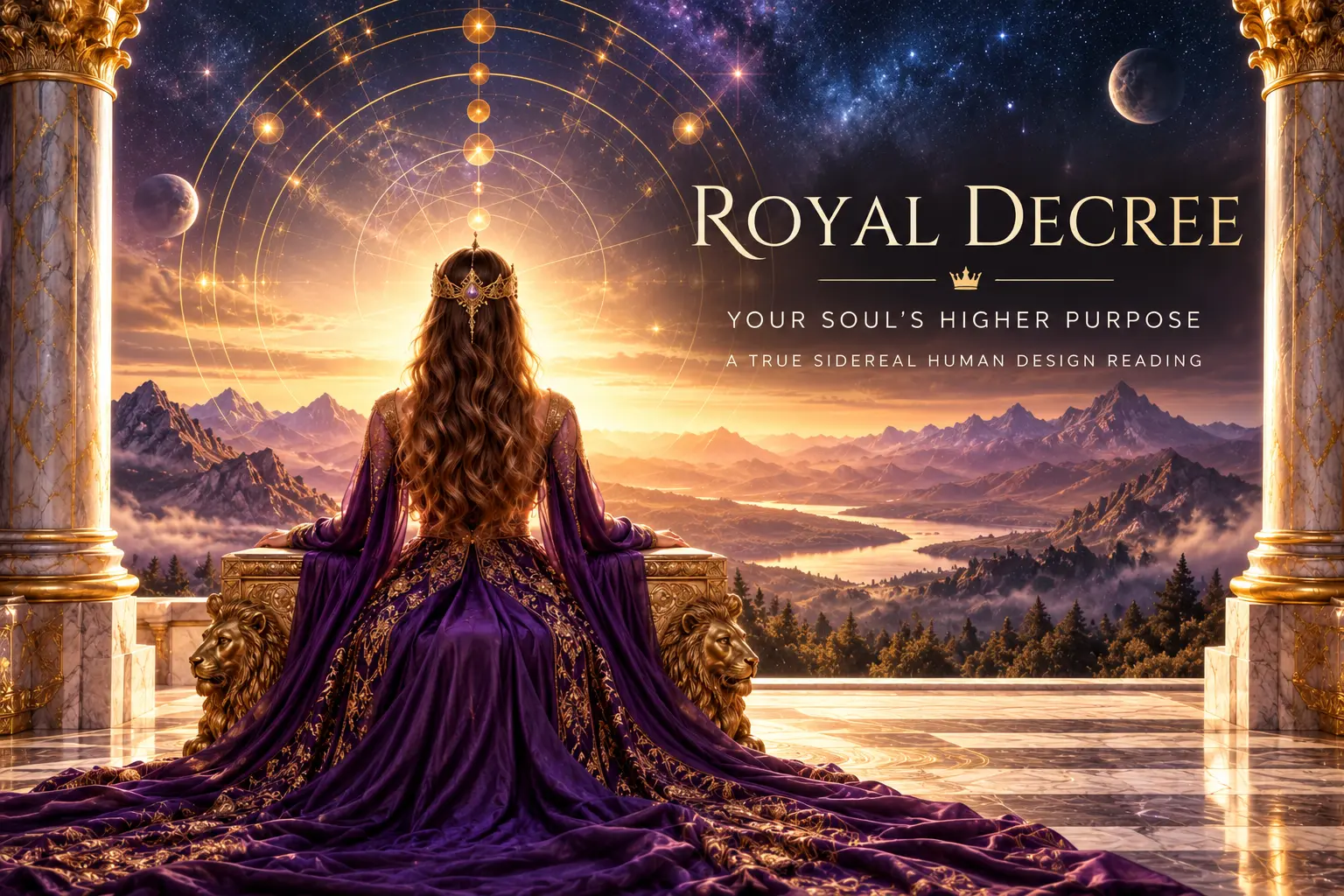 “Regal woman in a purple and gold gown seated before a celestial mandala and mountain landscape between marble columns”