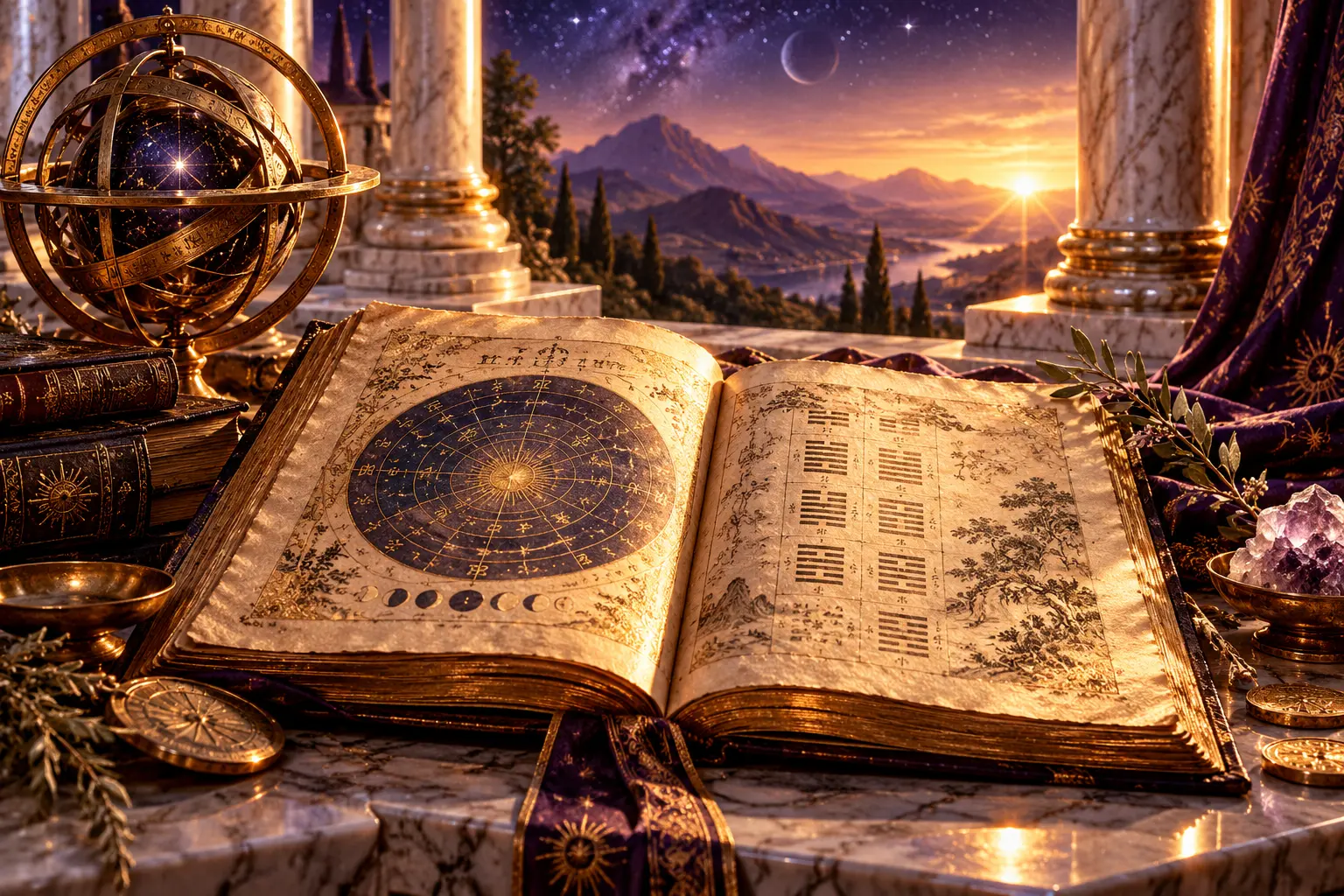 “Open ancient manuscript with astronomical chart, I Ching hexagrams, celestial instruments, and mountain landscape”