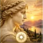 “Classical Greek goddess overlooking a Mediterranean landscape at sunset with a radiant sun”