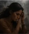 Woman appearing exhausted and depleted with dimmed energy in a darkened setting