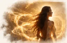 Hestia surrounded by radiant golden energy beside a sacred hearth