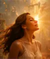 Woman radiating warm golden energy with an expression of vitality and satisfaction