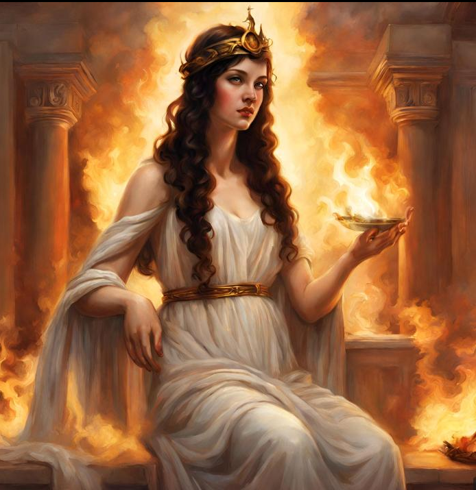 Hestia holding a sacred flame before a glowing hearth