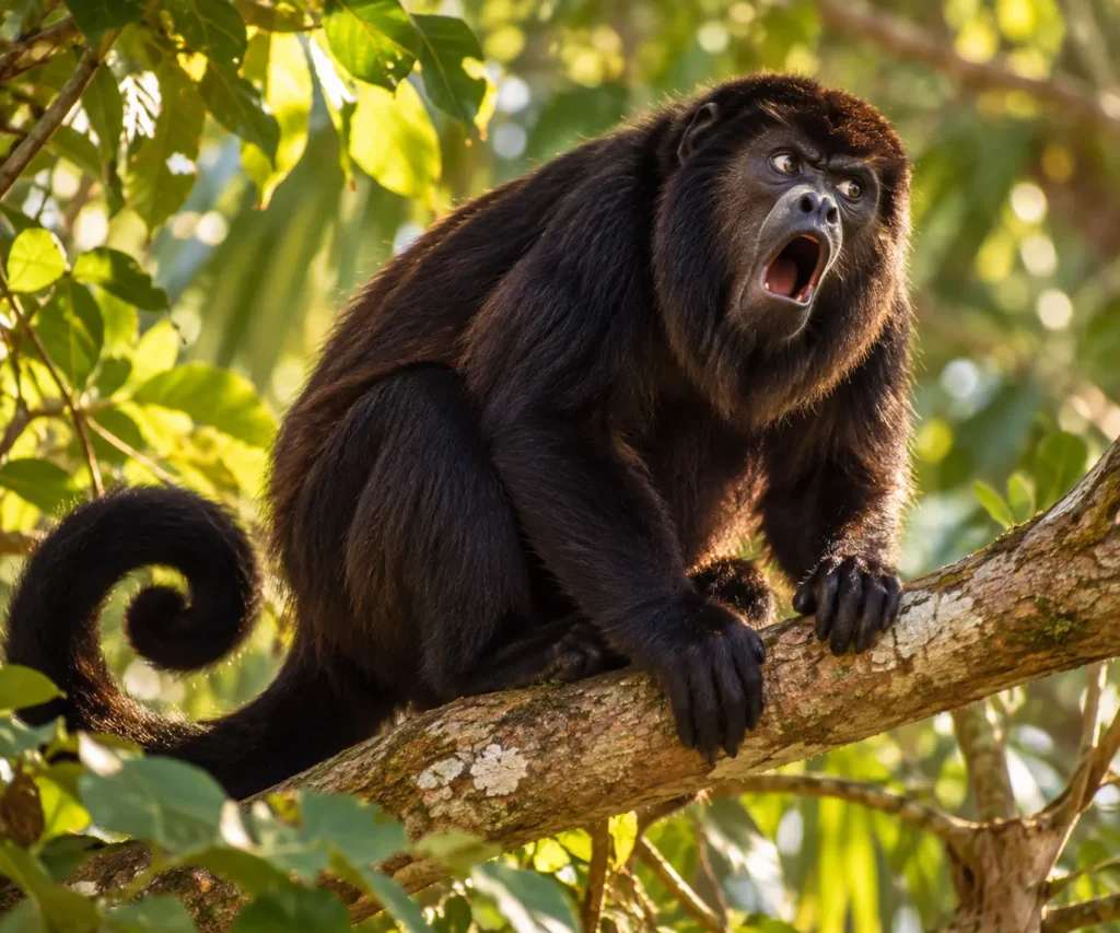 Black howler monkey calling from a tree branch in a sunlit forest