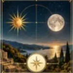 “Sun and moon over a Mediterranean landscape with celestial cross and compass imagery”