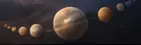 Celestial planets and spheres arranged across a dark cosmic sky