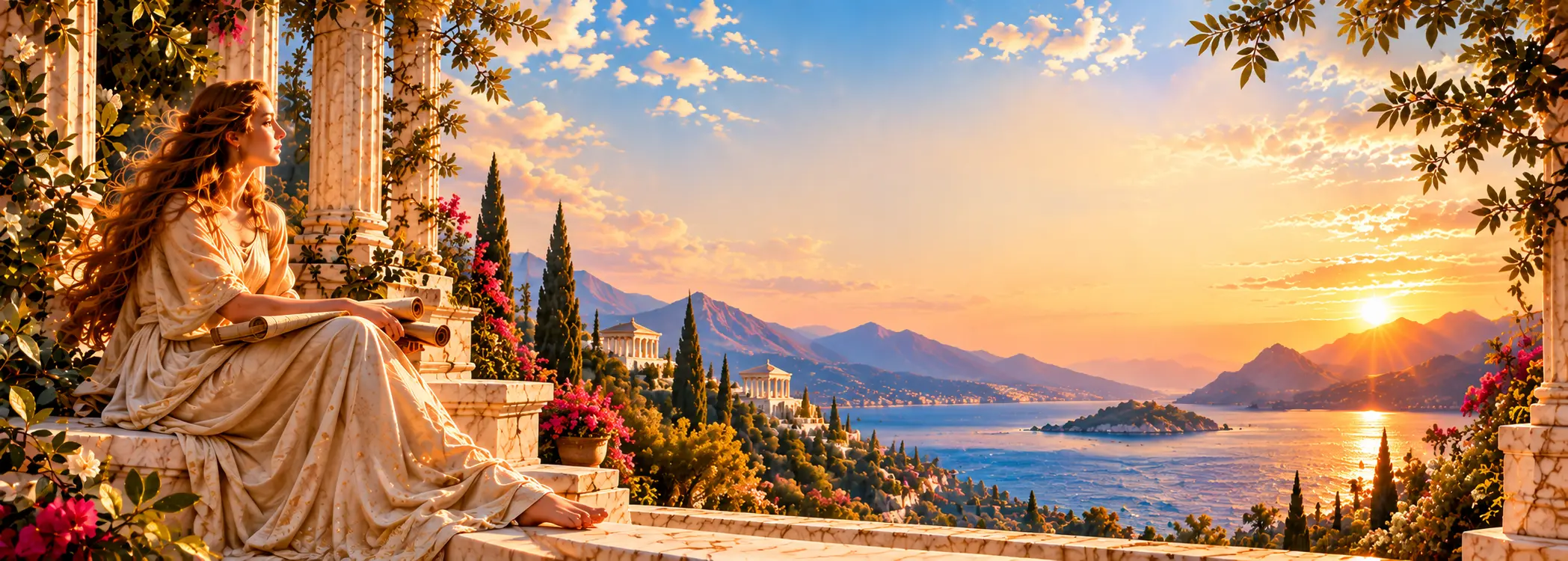 Woman in an ivory Grecian gown sitting on a classical Mediterranean terrace overlooking mountains and the sea at sunset
