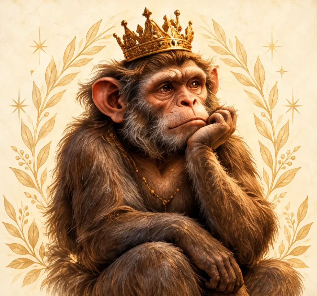 The Monkey Warden, a thoughtful chimpanzee wearing an ornate golden crown, rests his chin on one hand with a sceptical expression. Golden laurel branches and delicate stars frame him against a warm parchment background. Part of Jillian Evelyn HD’s True Sidereal Human Design framework, the Monkey Warden represents the mind’s distracting Not-Self chatter.