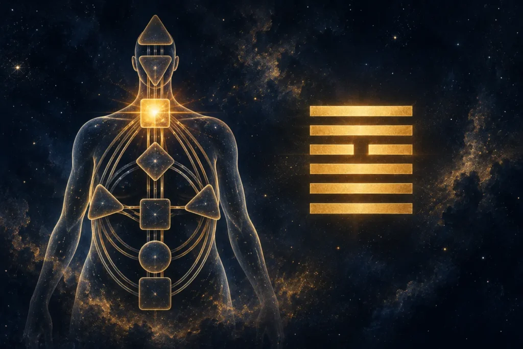Translucent nine-center Human Design bodygraph with the throat center glowing gold beside Hexagram 35