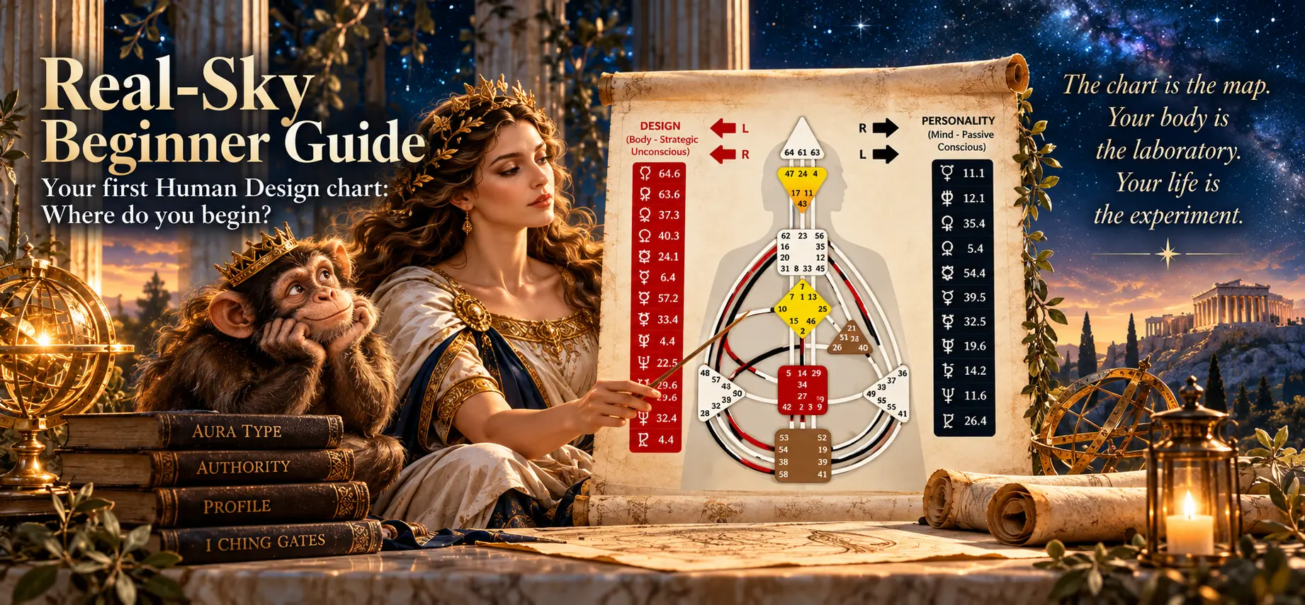 Wide, celestial illustration for the True Sidereal Human Design Beginner Guide. A Greek goddess in navy and gold robes studies a Human Design bodygraph displayed on an ancient parchment scroll, accompanied by a crowned, thoughtful Monkey Warden seated beside books labelled Aura Type, Authority, Profile and I Ching Gates. Ancient Greek columns, astronomical instruments, star-filled skies and a distant illuminated temple create a mythic scholarly atmosphere. The image features the words “Real-Sky Beginner Guide” and the guiding phrase “The chart is the map. Your body is the laboratory. Your life is the experiment.”