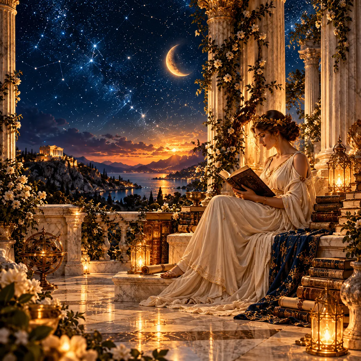 A woman in flowing ivory robes sits reading a book among ancient volumes in a classical Greek temple beneath a deep navy, star-filled night sky. Golden lantern light illuminates marble columns, crescent moons, celestial patterns and a distant mountain landscape, evoking the atmosphere of the True Sidereal Human Design Library.