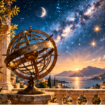 Classical observatory with an armillary sphere overlooking a celestial landscape