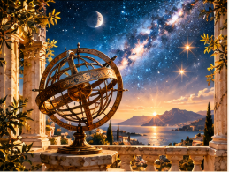Classical observatory with an armillary sphere overlooking a celestial landscape
