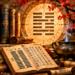 Ancient study with I Ching manuscript, hexagrams, books, and celestial instruments