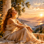 Woman sitting in a classical terrace overlooking a Mediterranean landscape at sunset