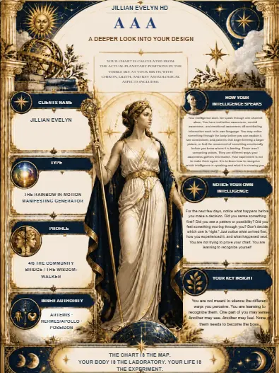 AAA Awareness Architecture Alignment True Sidereal Human Design reading template by Jillian Evelyn HD, featuring an ornate Greek celestial design in navy, antique gold and parchment, with a classical goddess and decorative framed sections.
