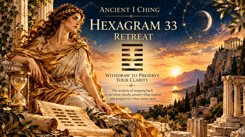 Ancient I Ching Hexagram 33, Retreat, in a classical Greek-inspired scene featuring a woman in gold and cream robes beside a glowing fire and ancient scrolls, with a sunset over mountains, a temple and the hexagram symbol. The image presents the theme “Withdraw to Preserve Your Clarity.”