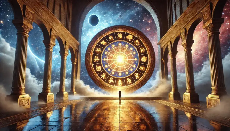 Ornate golden astrological wheel glowing between classical stone columns, with a lone figure standing beneath a star-filled celestial sky.