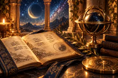 An open ancient book of I Ching hexagrams beside a golden celestial instrument, under a star-filled sky.