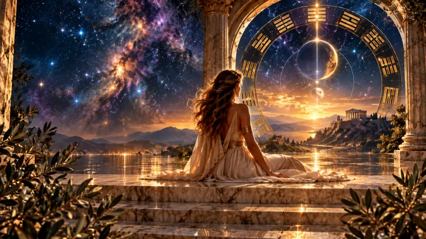 Celestial scene of a woman in a classical gown seated before an ancient Greek temple, beneath a star-filled sky and a glowing golden astrological wheel at sunset.