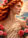 Aphrodite with flowing red-gold hair and roses, dressed in cream against a warm, sunlit sky.
