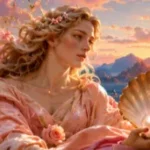 Aphrodite-like woman surrounded by roses and a seashell overlooking the sea at sunset