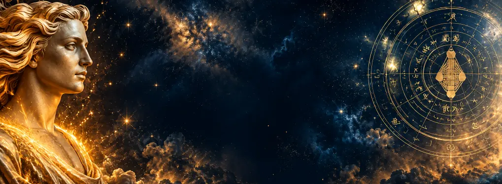 Golden classical Apollo bust against a deep navy star-filled sky, with a luminous golden zodiac mandala on the right.