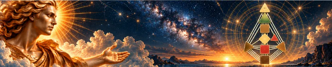 Golden classical Apollo bust against a deep navy star-filled sky, with a luminous golden zodiac mandala on the right.