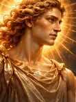 Golden-haired classical Apollo portrait surrounded by radiant sunlight and golden clouds.