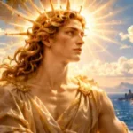 Radiant Apollo-like figure beneath a golden sun between classical marble columns