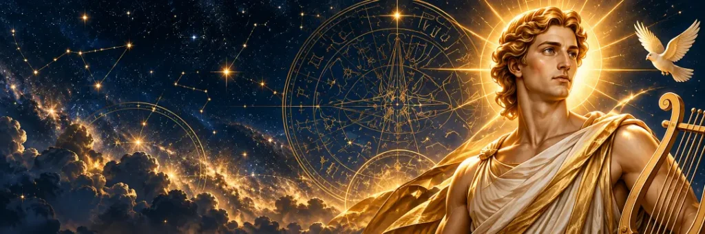 Apollo, Greek god of inspiration, radiant in golden light against a deep navy celestial sky filled with stars, constellations and an ancient astronomical wheel, holding a golden lyre with a white dove flying nearby.
