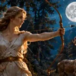 Artemis-like huntress with a bow standing beside a deer beneath a full moon
