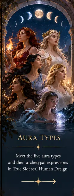 Six mythic women gathered beneath a moonlit starry sky, representing the aura types and archetypal expressions of True Sidereal Human Design.