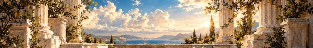 Marble classical terrace overlooking a Mediterranean landscape with mountains, sea, columns, and sunlight