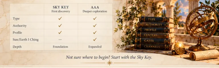 Visual of the True Sidereal Human Design reading options with a comparison of Sky Key and AAA readings