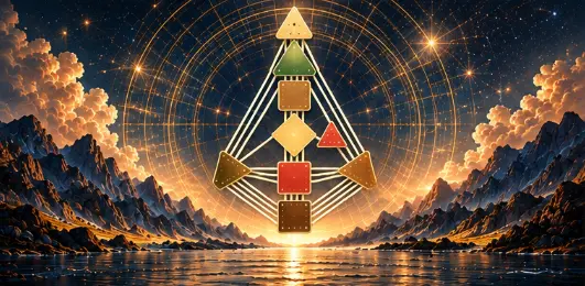 Golden geometric diagram against a star-filled sky above a mountain lake.
