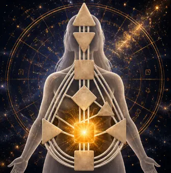 Translucent Human Design bodygraph with the Sacral Center glowing gold against a star-filled background