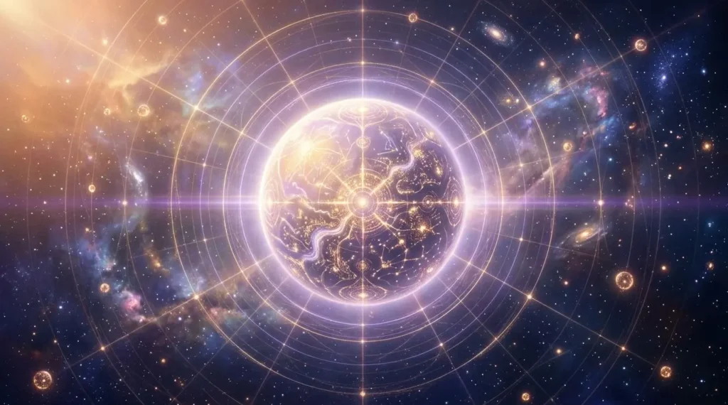 Luminous golden celestial sphere surrounded by stars in a deep navy astronomical sky.