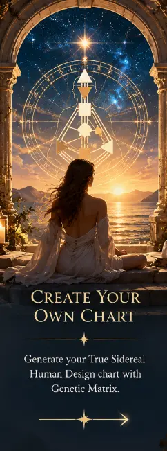 Woman seated before a glowing Human Design chart beneath a star-filled sky, representing Create Your Own Chart.