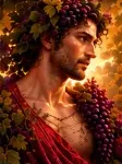 Dionysus wearing a crown of grape leaves and grapes in warm golden light.