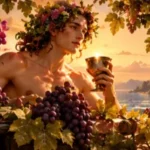 Dionysus-like figure holding a golden cup among grapes and vines in a sunlit vineyard
