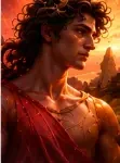 Youthful Eros with dark curls against a glowing red and golden sky.