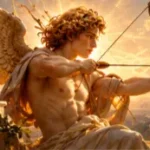Winged Eros-like archer drawing a bow beneath a golden classical arch