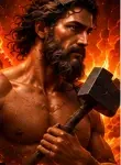 Bearded Hephaestus holding a blacksmith's hammer amid glowing forge embers.