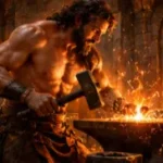Hephaestus-like blacksmith forging metal beside a blazing classical forge