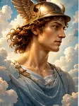 Classical Hermes portrait wearing a winged helmet against a blue, cloud-filled sky.