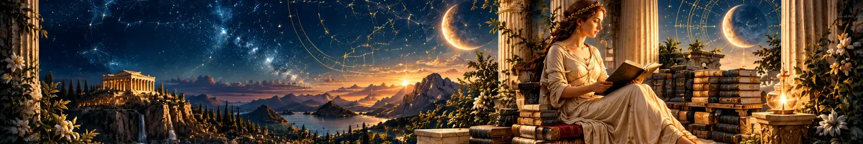 A woman in flowing ivory robes sits reading a book among ancient volumes in a classical Greek temple beneath a deep navy, star-filled night sky. Golden lantern light illuminates marble columns, crescent moons, celestial patterns and a distant mountain landscape, evoking the atmosphere of the True Sidereal Human Design Library.