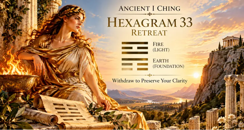 Ancient I Ching Hexagram 33, Retreat, in a classical Greek-inspired scene featuring a woman in gold and cream robes beside a glowing fire and ancient scrolls, with a sunset over mountains, a temple and the hexagram symbol. The image presents the theme “Withdraw to Preserve Your Clarity.”