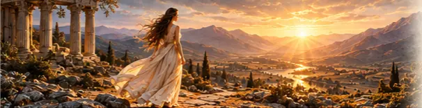 Woman in flowing white dress walking through a mountain landscape toward the rising sun