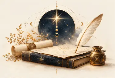 An antique quill, parchment scroll and navy journal decorated with gold celestial symbols, beneath a radiant star surrounded by delicate astronomical circles.